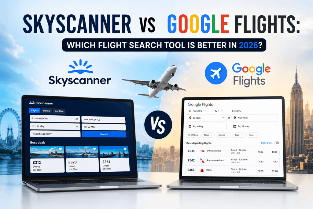 Comparison graphic showing Skyscanner vs Google Flights with two laptops displaying flight search interfaces, airline logos, and an airplane flying between the platforms.