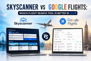 Comparison graphic showing Skyscanner vs Google Flights with two laptops displaying flight search interfaces, airline logos, and an airplane flying between the platforms.